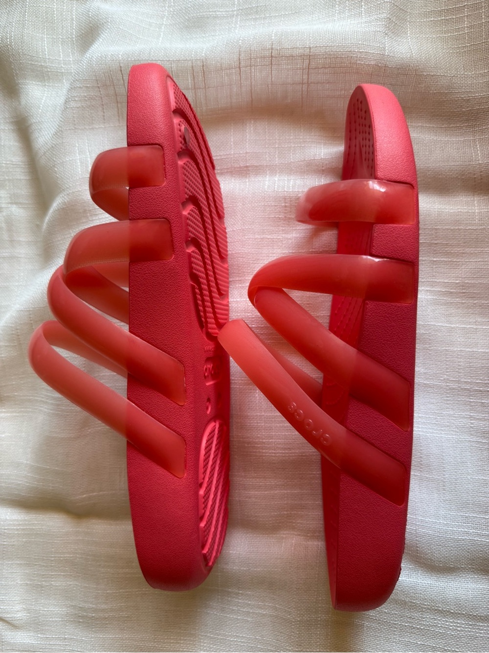 Crocs Sandals Womens Size 9 Glossy Strappy Watermelon Splash Pink Comfort Slide - Picture 2 of 5